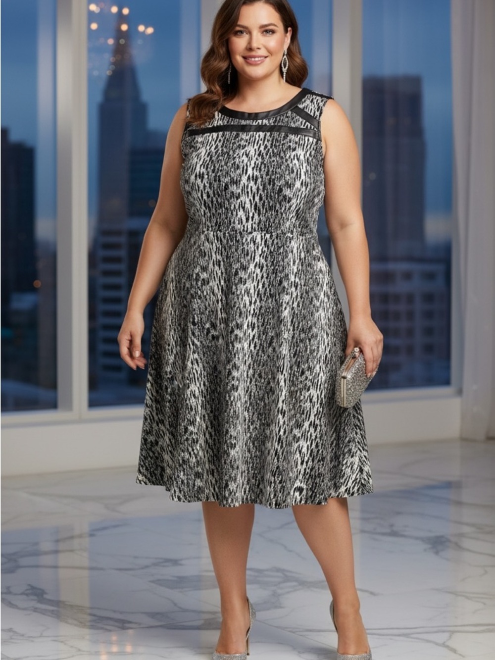 Lane Bryant Black and White Sleeveless Patterned Midi Dress
